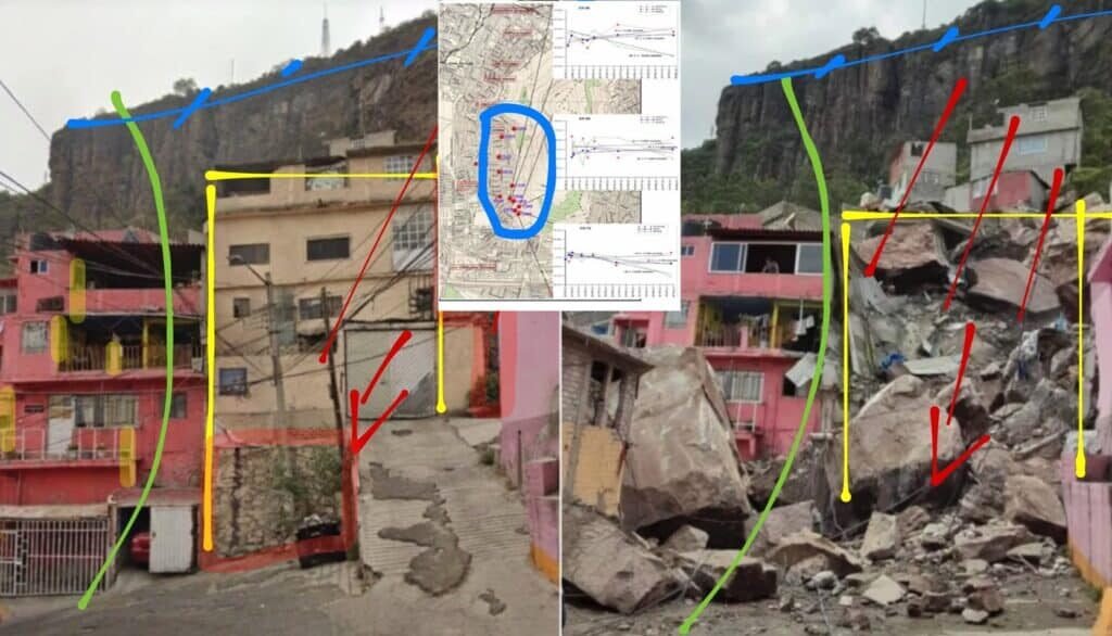 Deslizamiento en el Cerro del Chiquihuite con viviendas dañadas y grandes rocas sobre la zona habitada