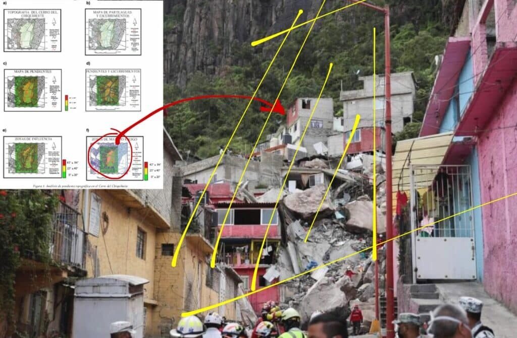 Deslizamiento en el Cerro del Chiquihuite con viviendas destruidas y mapas de riesgo geotécnico del área