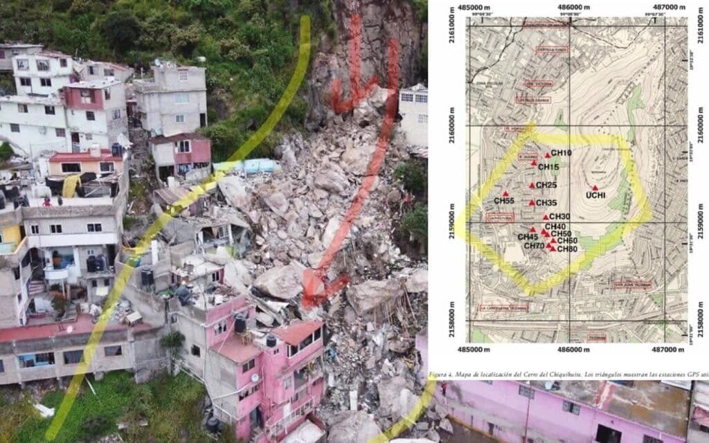 Deslizamiento de rocas en el Cerro del Chiquihuite junto a viviendas; mapa de ubicación del área afectada