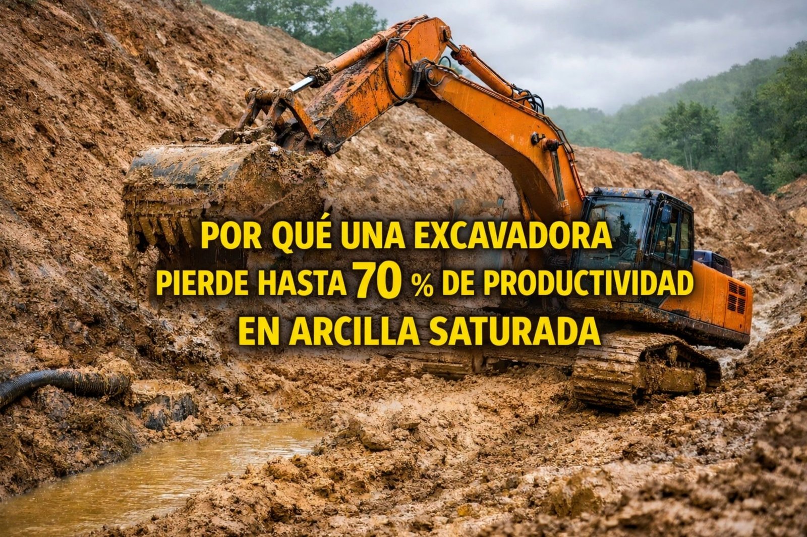 Excavadora trabajando en terreno de arcilla saturada con el texto “Por qué una excavadora pierde hasta 70 % de productividad en arcilla saturada”