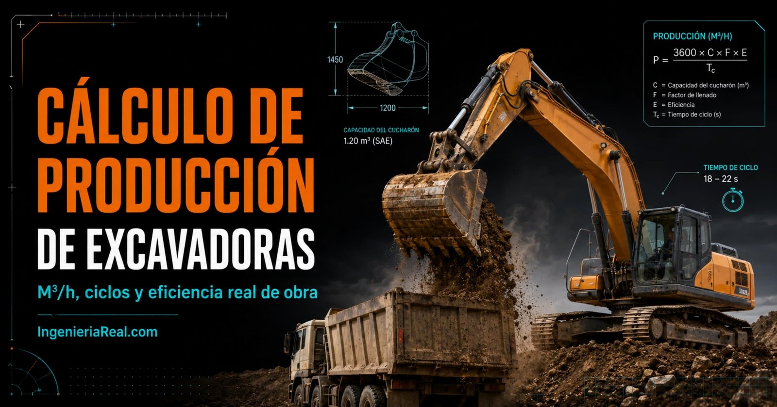 Infografía sobre el cálculo de producción de excavadoras, con una excavadora cargando un camión y fórmulas de rendimiento, capacidad y ciclo