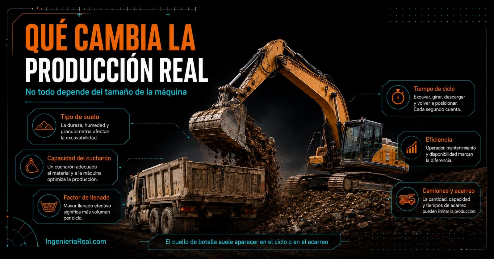 Factores que cambian la producción real de una excavadora como tipo de suelo, capacidad del cucharón, factor de llenado, tiempo de ciclo, eficiencia y acarreo
