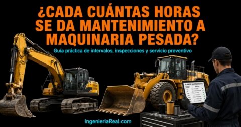 Guía sobre cada cuántas horas se hace mantenimiento a maquinaria pesada, con excavadora, cargadora y técnico revisando un plan de mantenimiento
