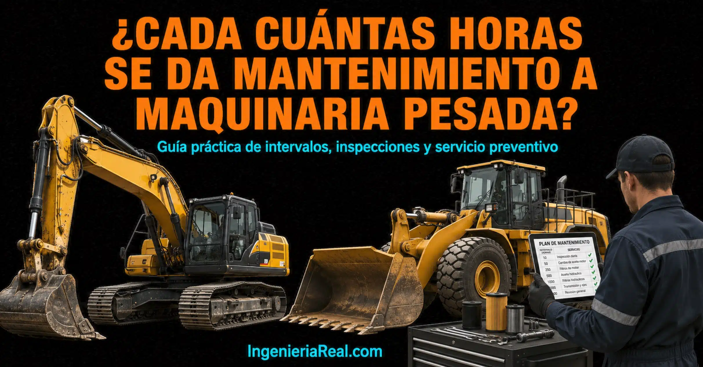 Guía sobre cada cuántas horas se hace mantenimiento a maquinaria pesada, con excavadora, cargadora y técnico revisando un plan de mantenimiento