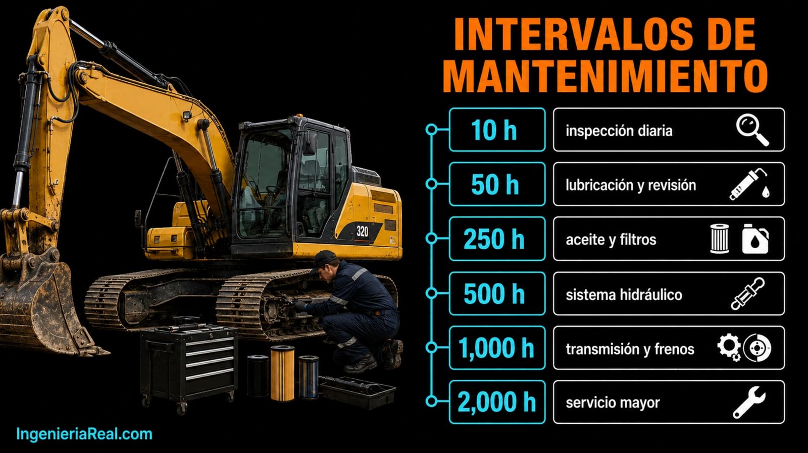 Intervalos de mantenimiento para maquinaria pesada con excavadora, técnico y tabla de servicios por horas