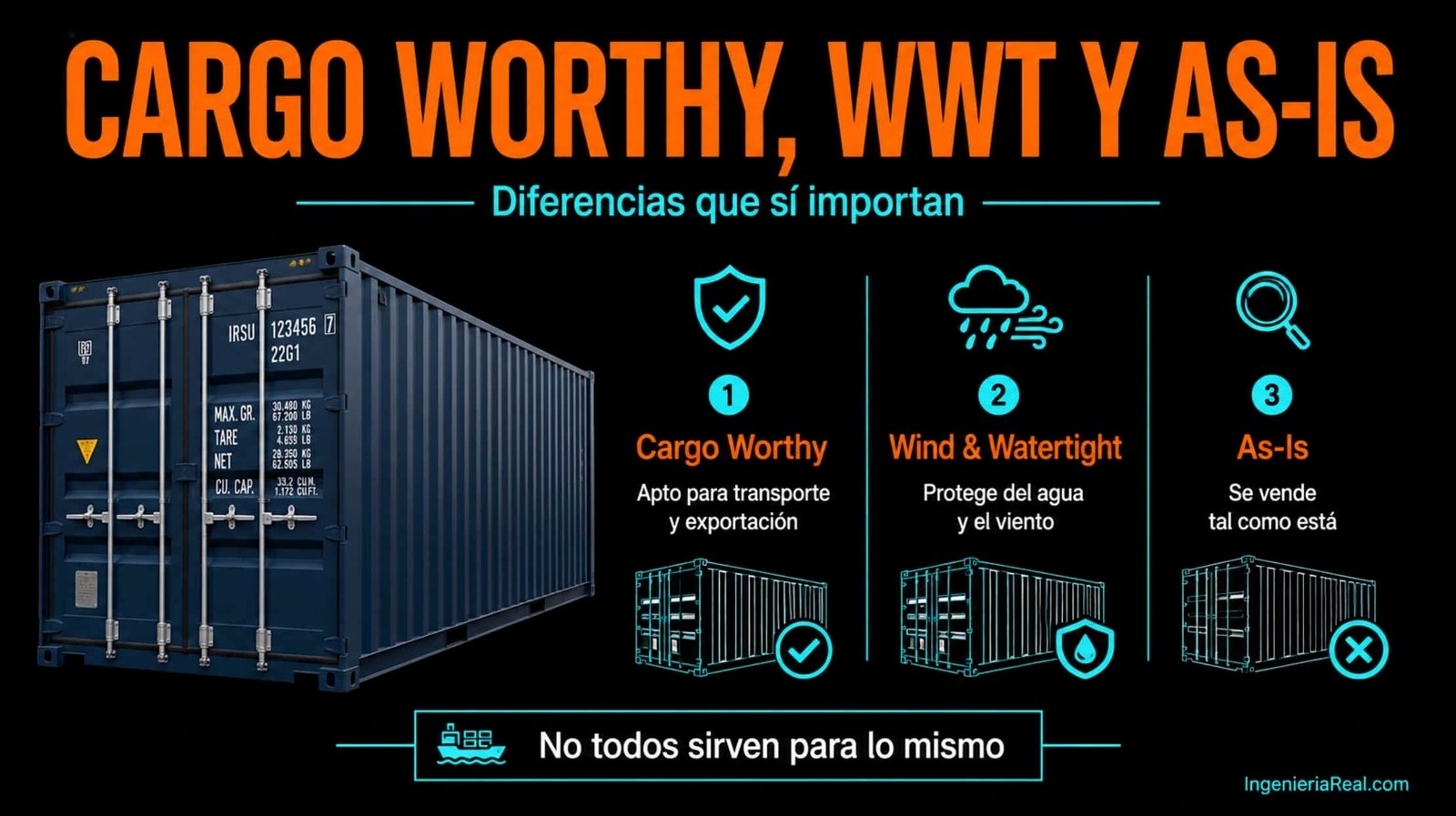 Comparación entre contenedores Cargo Worthy, Wind and Watertight y As-Is