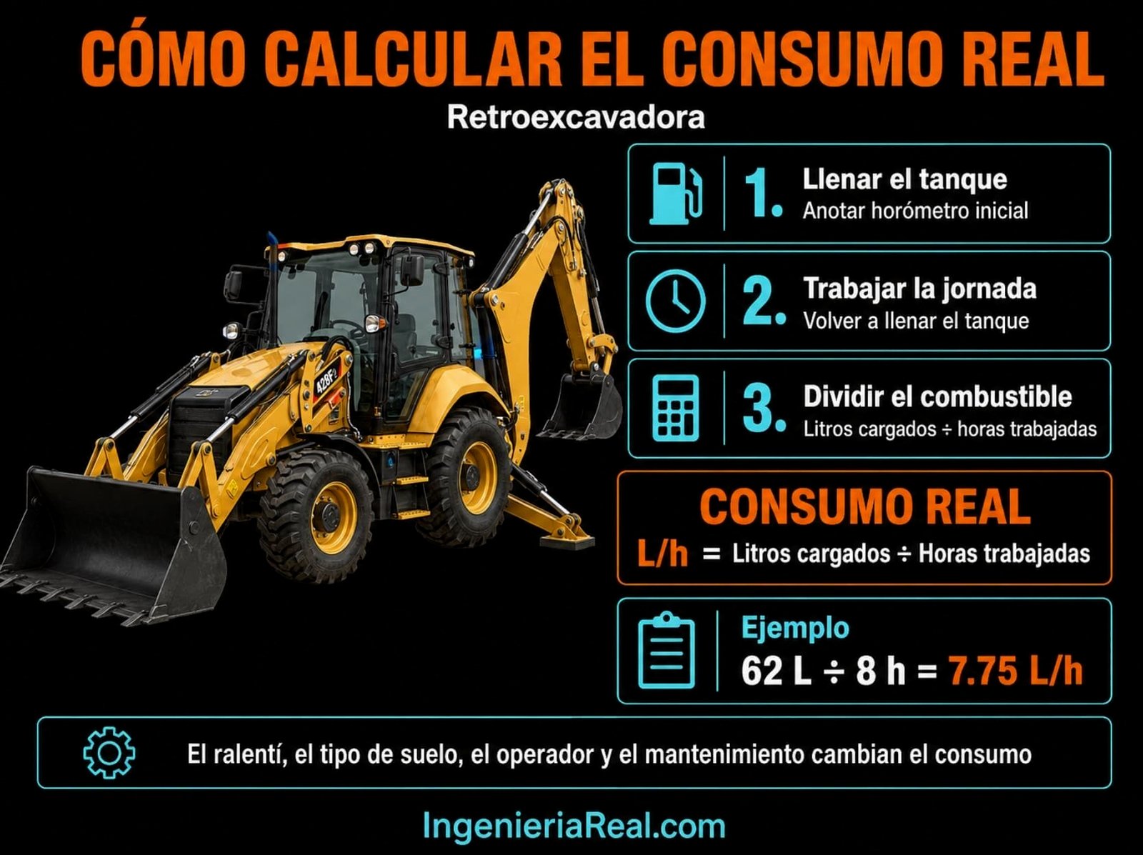 Infografía técnica para calcular el consumo real de una retroexcavadora por hora usando litros cargados y horas trabajadas