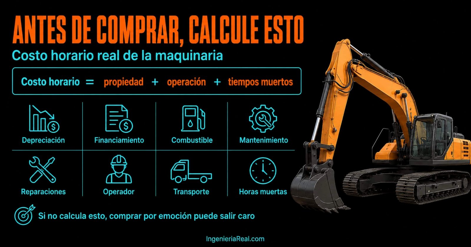 Infografía técnica sobre el costo horario real de la maquinaria pesada antes de comprar