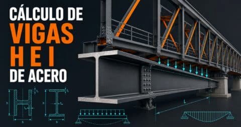 Cálculo de vigas HEI de acero con esquema de puente y diagramas estructurales