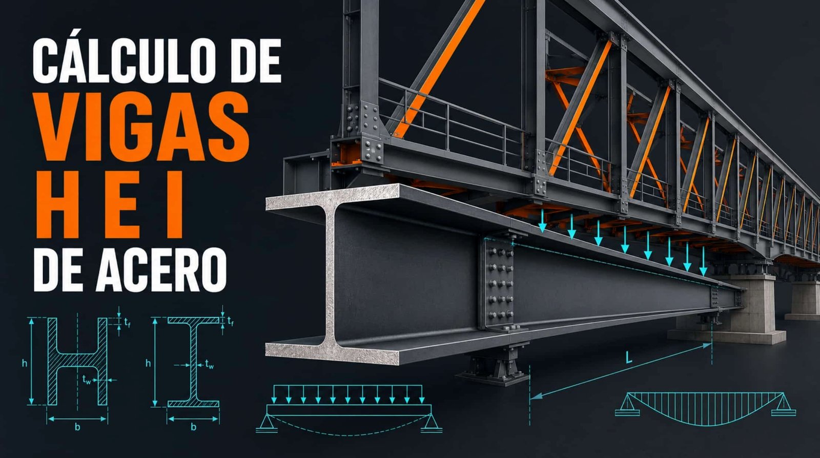 Cálculo de vigas HEI de acero con esquema de puente y diagramas estructurales