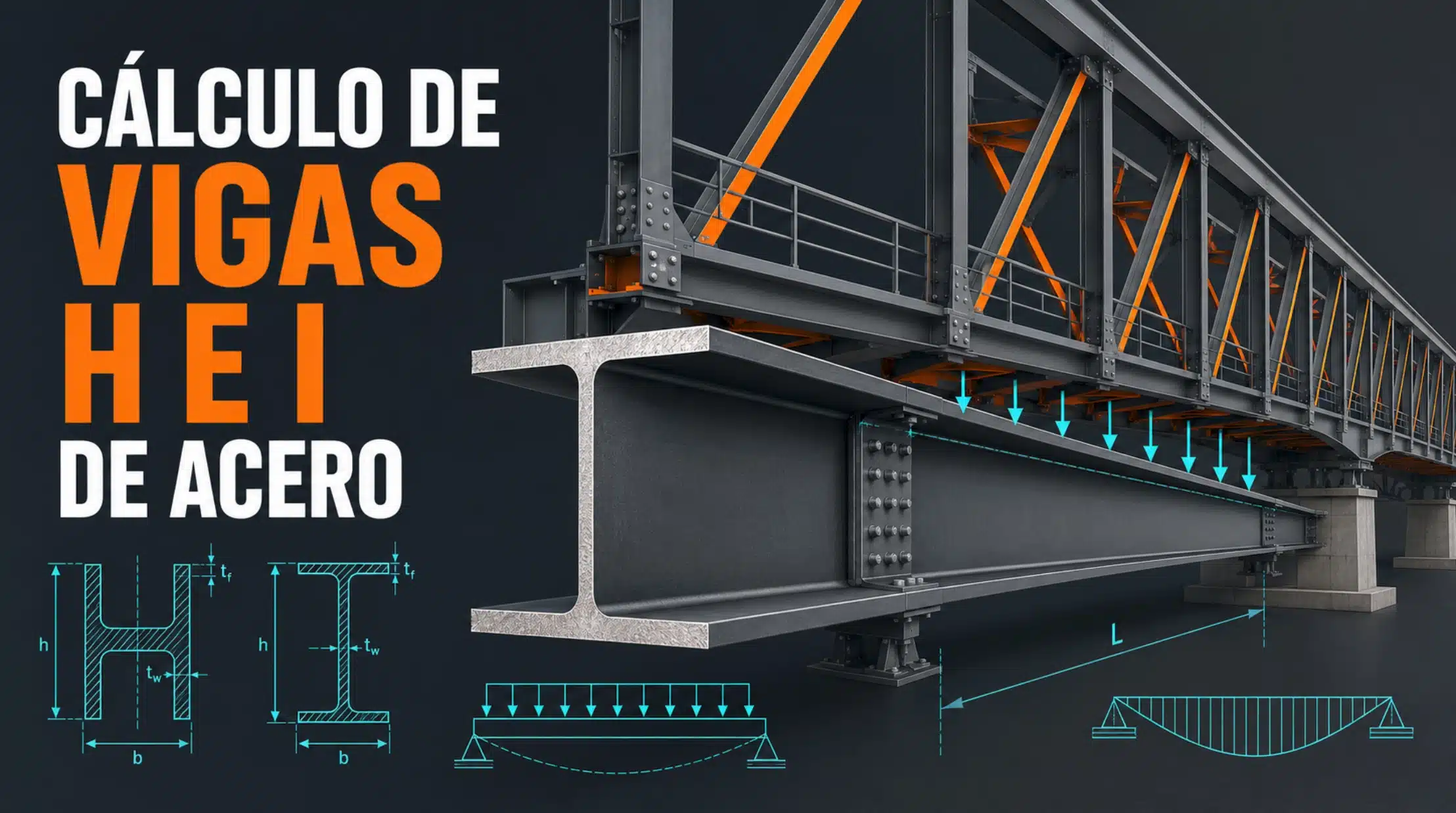 Cálculo de vigas HEI de acero con esquema de puente y diagramas estructurales