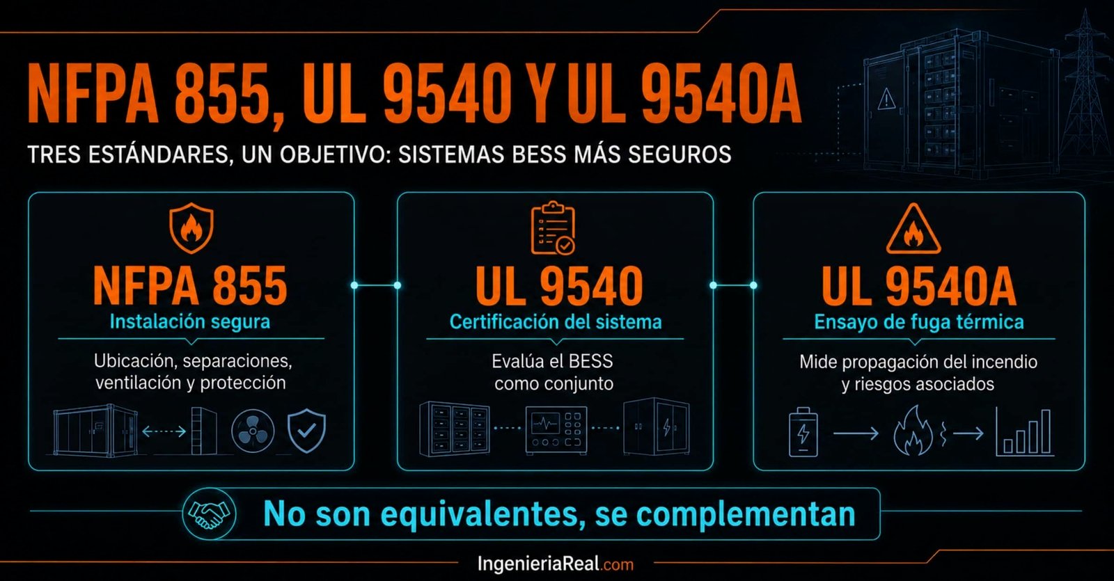 Comparación entre NFPA 855, UL 9540 y UL 9540A para sistemas BESS