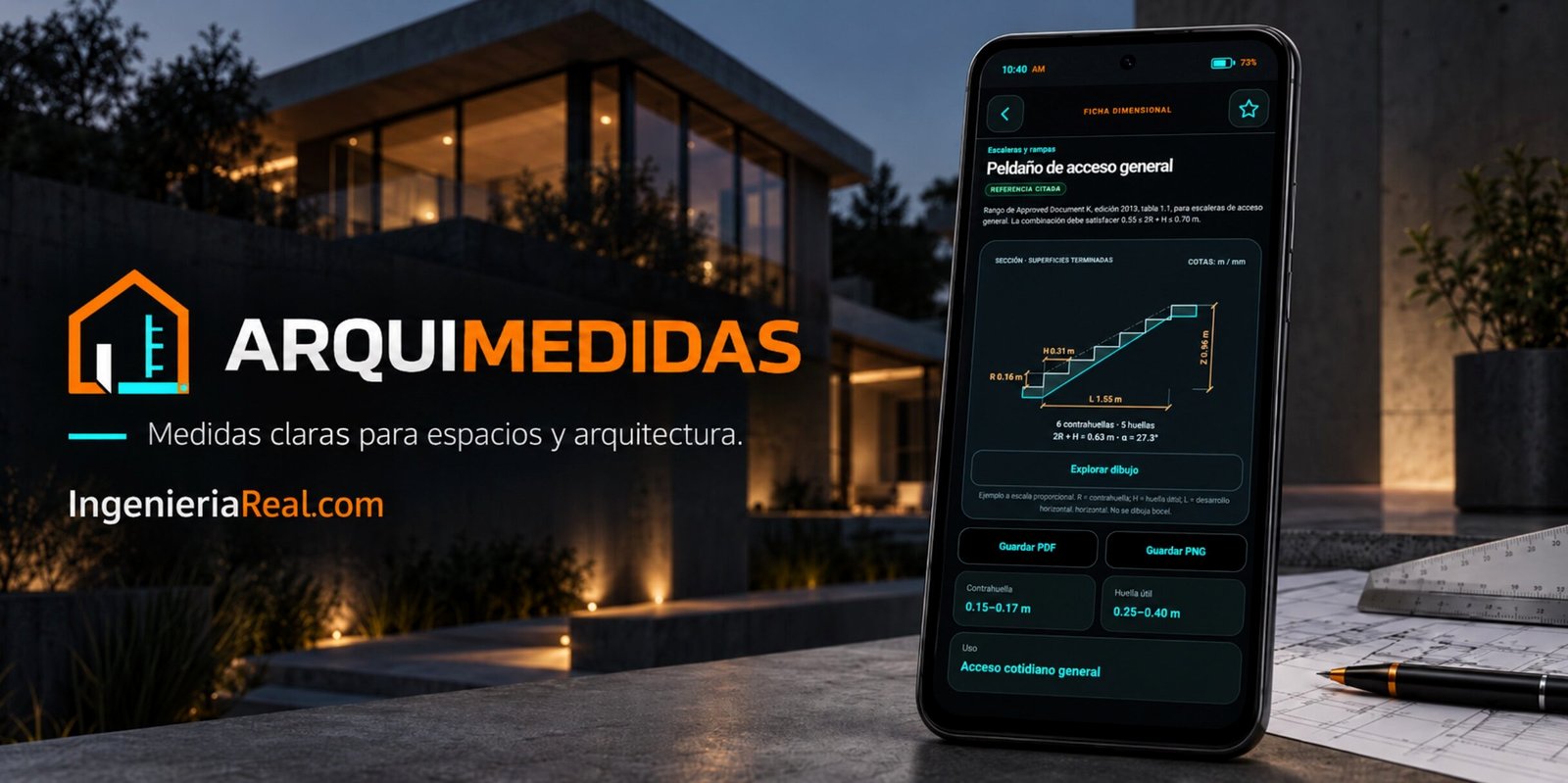 ARQUIMEDIDAS para Android: ficha dimensional de escaleras con dibujo acotado.