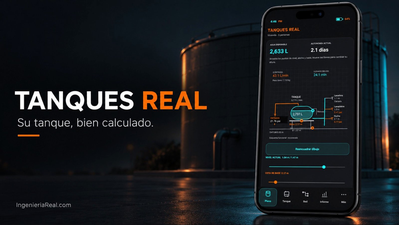 TANQUES REAL para Android: esquema interactivo de un tanque de agua con niveles, tuberías y presiones en los puntos de consumo.