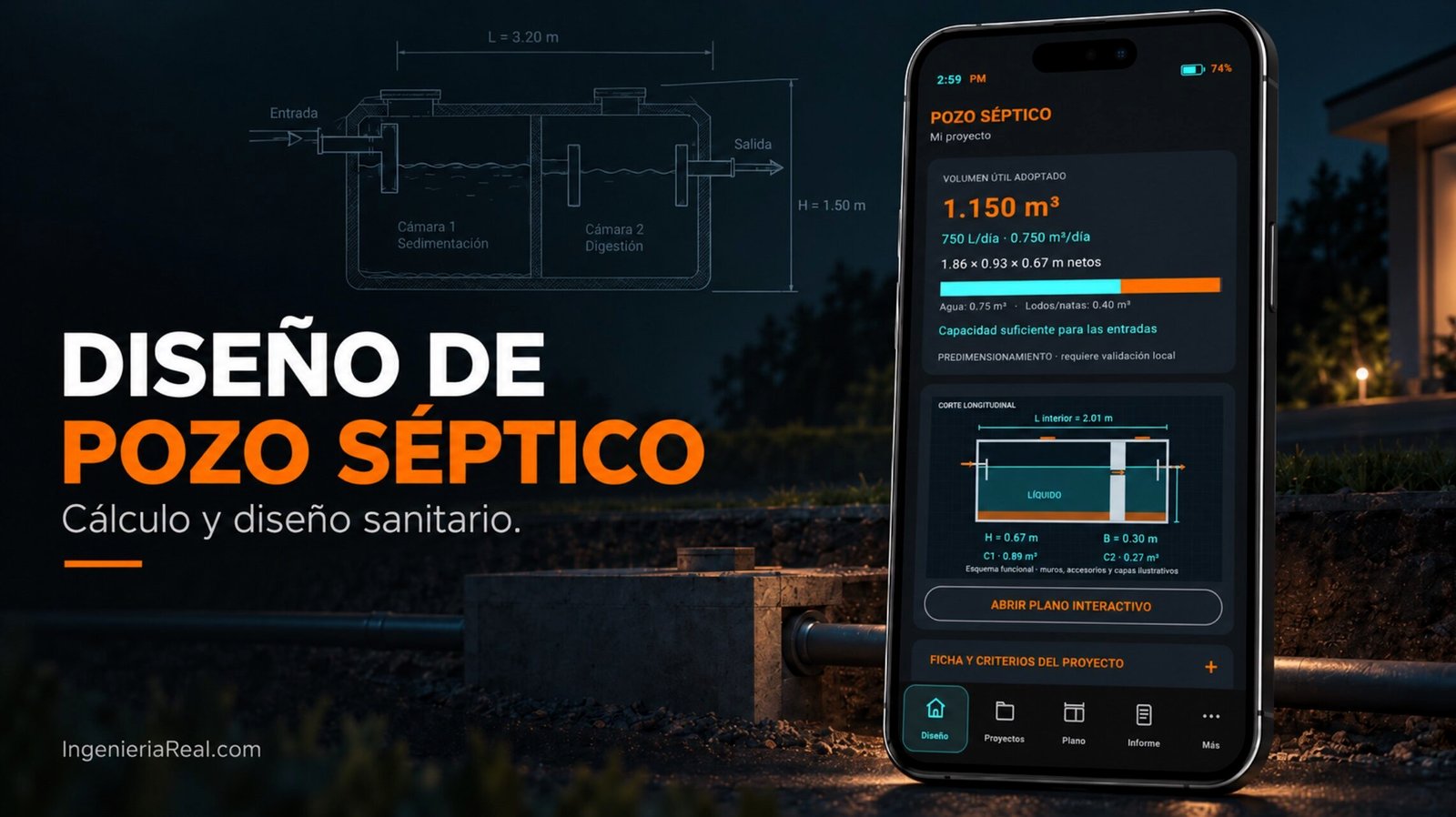 DISEÑO DE POZO SÉPTICO para Android: volumen útil, dimensiones y corte longitudinal del depósito.