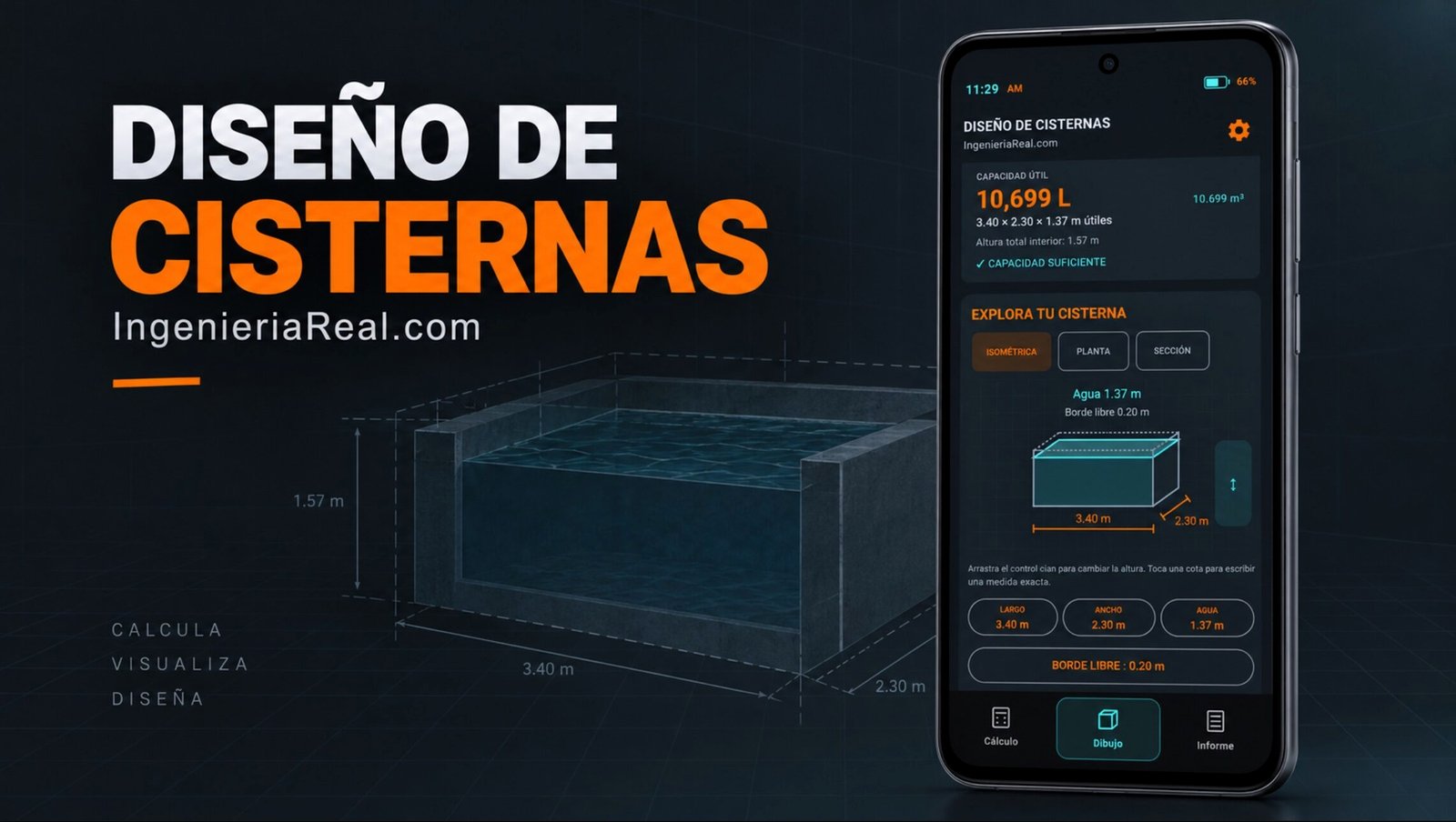 DISEÑO DE CISTERNAS para Android: cálculo de capacidad y dibujo interactivo con dimensiones y nivel de agua.
