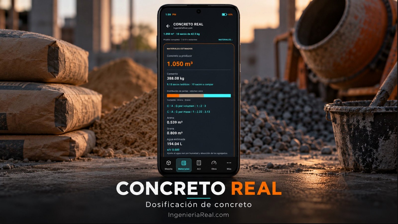 CONCRETO REAL para Android: estimación de cemento, arena, grava y agua para una mezcla de concreto.