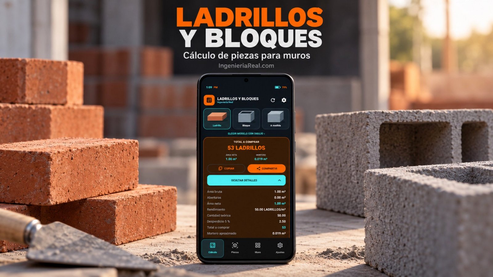 LADRILLOS Y BLOQUES para Android: cálculo de piezas para muros, desperdicio y mortero aproximado.