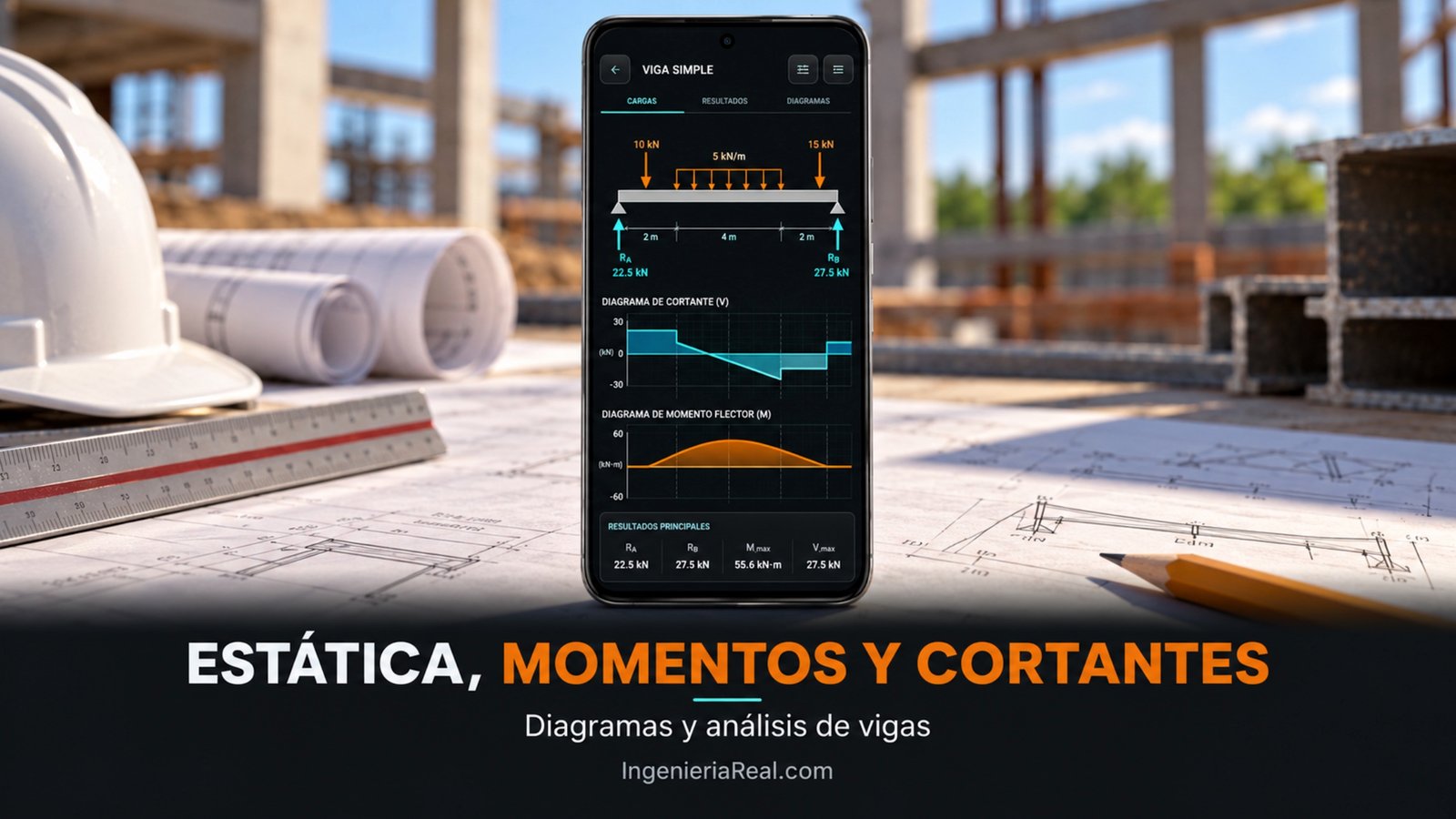 ESTÁTICA: VIGAS Y DIAGRAMAS para Android: análisis de una viga con cargas, reacciones y diagramas de cortante y momento flector.