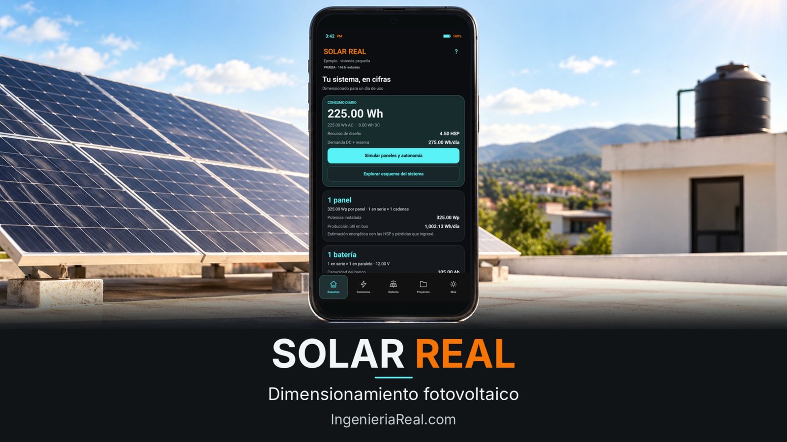 SOLAR REAL para Android: resumen del consumo eléctrico, paneles solares, baterías y simulación de autonomía.