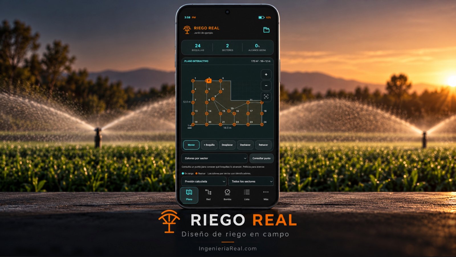 RIEGO REAL para Android: plano interactivo con distribución de boquillas, sectores y consulta de presiones.