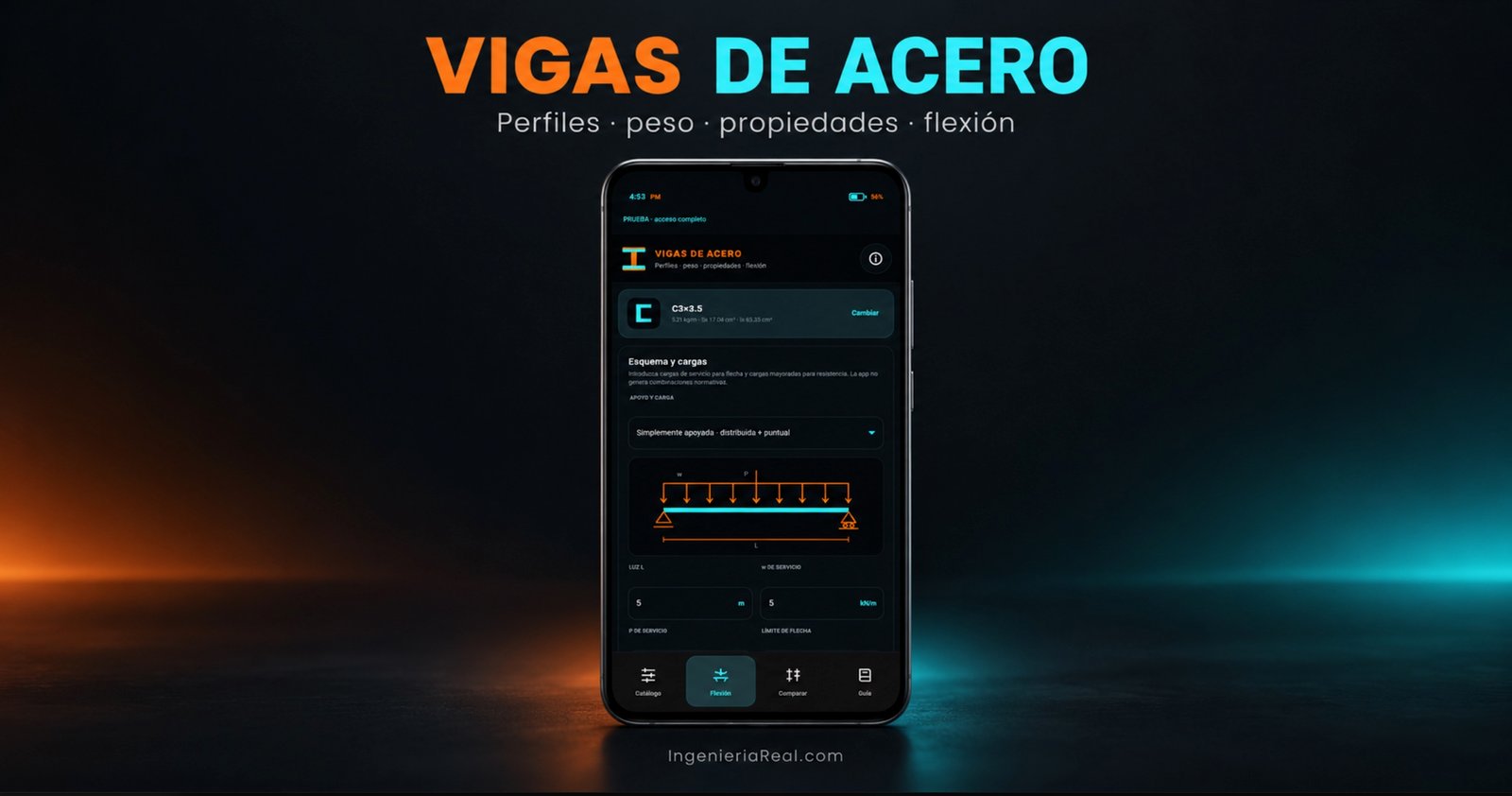 VIGAS DE ACERO para Android: catálogo de perfiles metálicos, propiedades estructurales y análisis de flexión con cargas y diagramas.