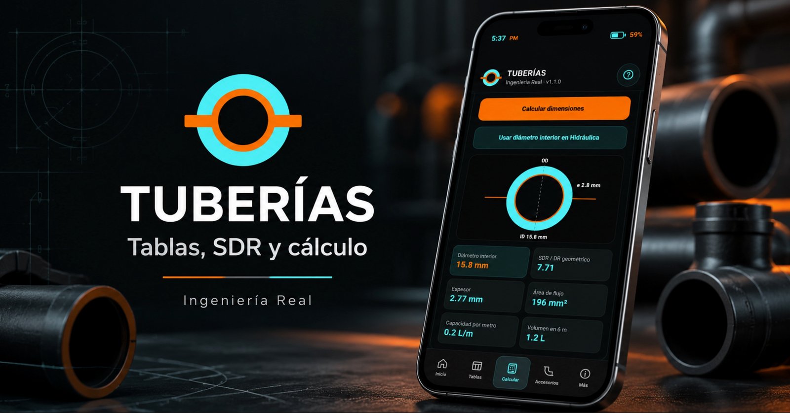 TUBERÍAS para Android: consulta de dimensiones SDR, diámetros, espesores y cálculos hidráulicos.