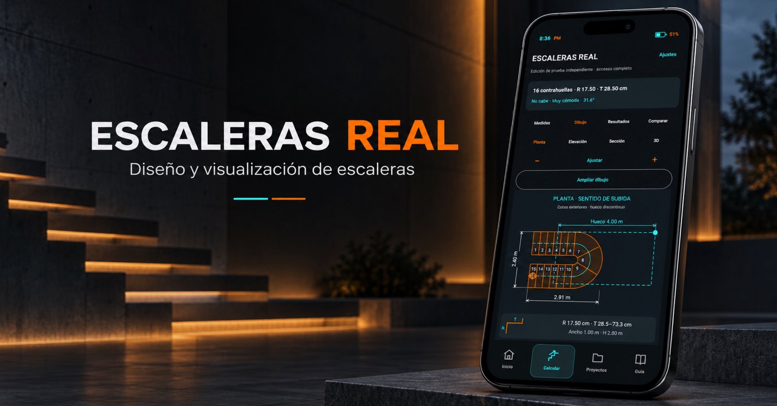 ESCALERAS REAL para Android: diseño de escaleras con medidas, planta interactiva, huellas y contrahuellas.