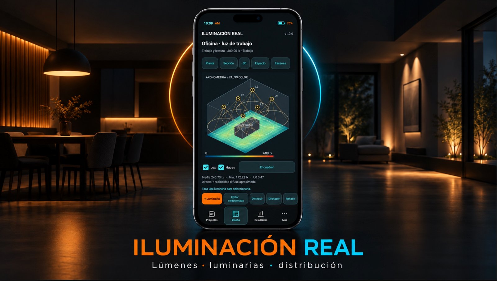 ILUMINACIÓN REAL para Android: diseño de iluminación interior con luminarias, distribución de luz y visualización 3D de iluminancia.