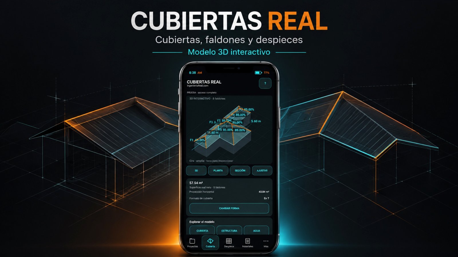 CUBIERTAS REAL para Android: diseño de techos y cubiertas con ocho faldones, pendientes, superficies y modelo 3D interactivo.
