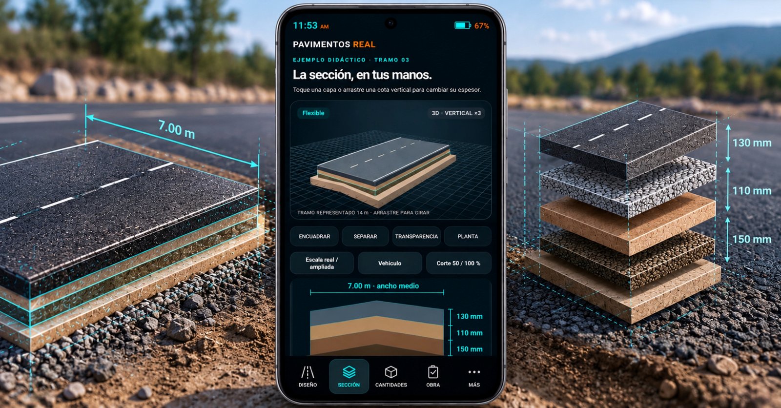 PAVIMENTOS REAL para Android: modelo 3D y sección de un pavimento con capas y espesores editables.