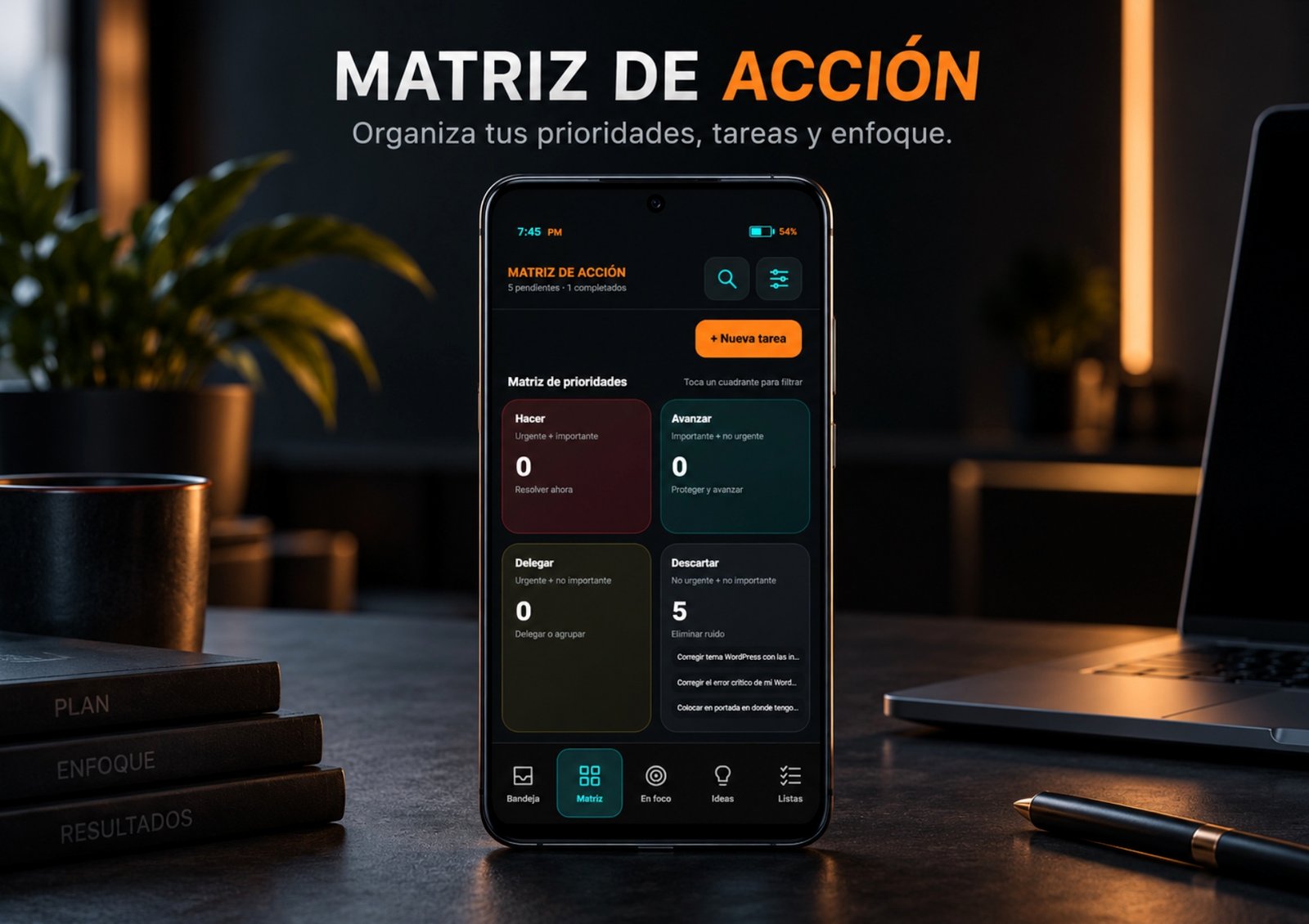 MATRIZ DE ACCIÓN para Android: organización de tareas en los cuadrantes Hacer, Avanzar, Delegar y Descartar.