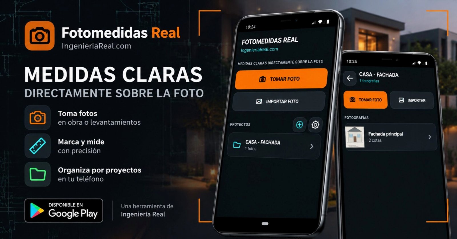 FOTOMEDIDAS REAL para Android: pantalla de inicio y organización de fotografías por proyectos.